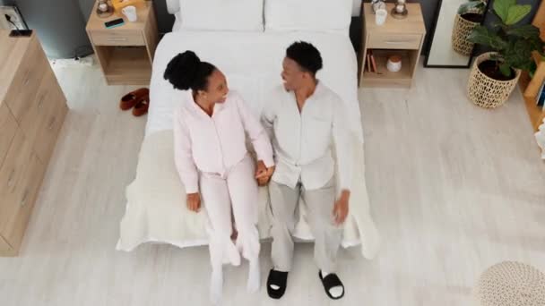 Happy African Couple Excited Bed Night Jump Bedroom Furniture Sleeping — Stock videók