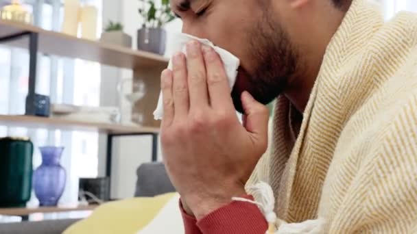 Covid Health Home Man Sick Living Room Flu Cold Symptoms — Video Stock