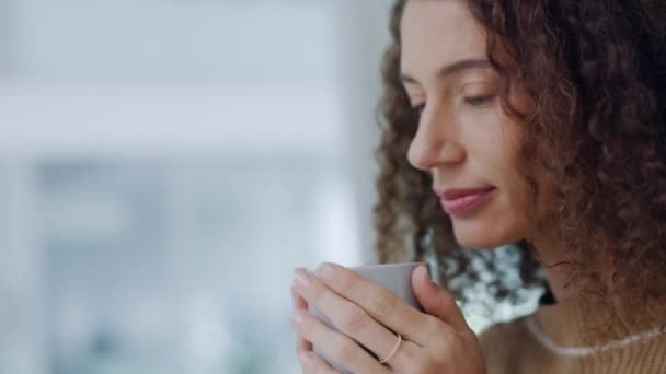 Denkende Vrouw Drinken Van Koffie Thee Rustige Pauze Voor Thuis — Stockvideo