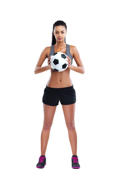 Football Keeps Fit Full Length Portrait Female Soccer Player Isolated — Stok Foto