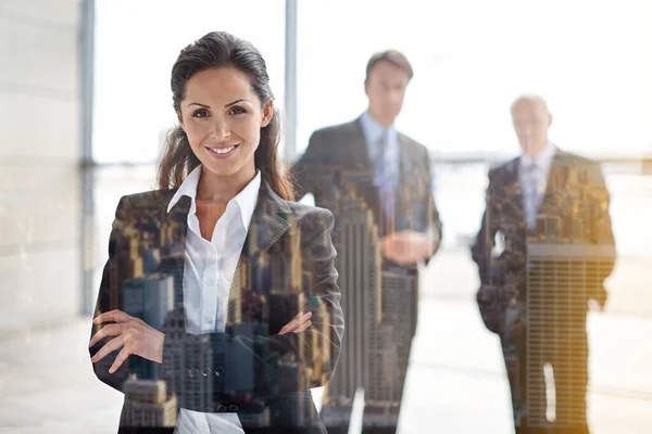 Amazing Team Has Back Cropped Portrait Businesswoman Standing Lobby Her — 图库照片