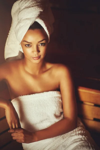 Place Rather Cropped Portrait Young Woman Relaxing Sauna Spa — Stock Photo, Image