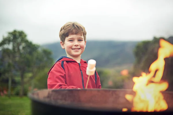 Mmm Marshmallows Favorite Portrait Little Boy Roasting Marshmallow Fire — Zdjęcie stockowe
