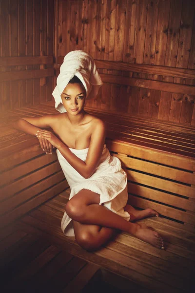 Stress Today Full Length Portrait Young Woman Relaxing Sauna Spa — Zdjęcie stockowe