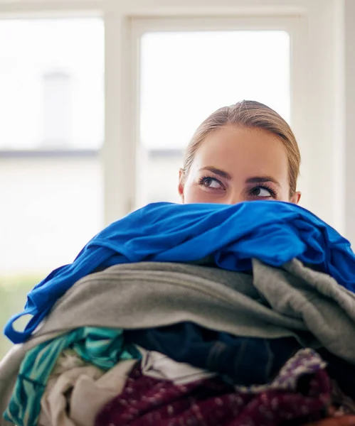 Its Laundry Day Young Woman Doing Laundry Home — Stock fotografie