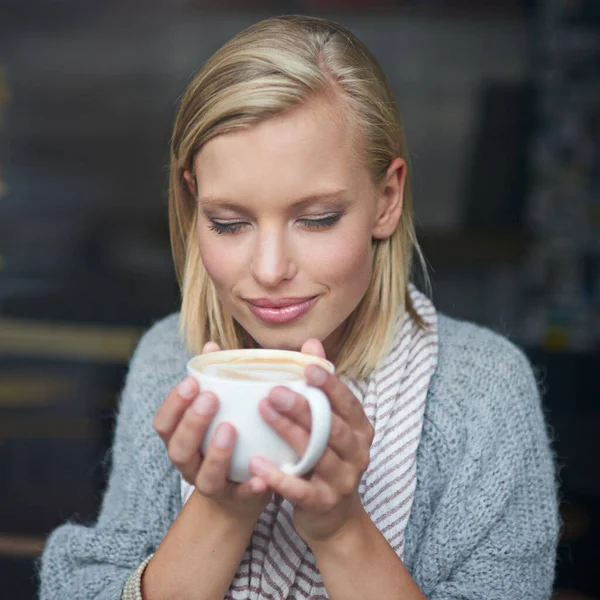 First Coffee Beautiful Young Woman Sitting Coffee Shop — Stok fotoğraf