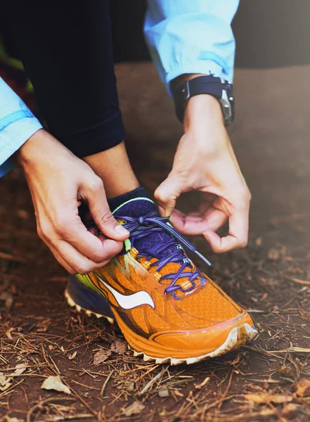 Lacing Woman Tying Her Running Shoes Trail Run — 스톡 사진