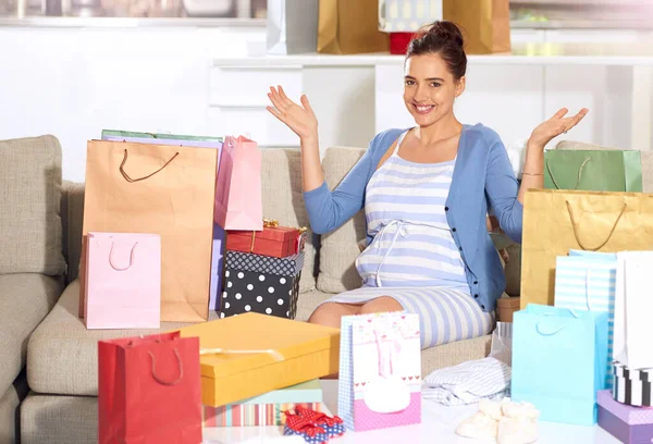 Dont Even Have Any Shopping Pregnant Woman Surrounded Gifts Her — стоковое фото