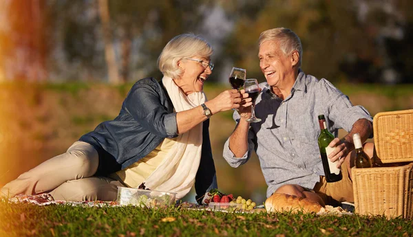 Heres Love Life Happy Senior Couple Enjoying Picnic Outdoors — Zdjęcie stockowe