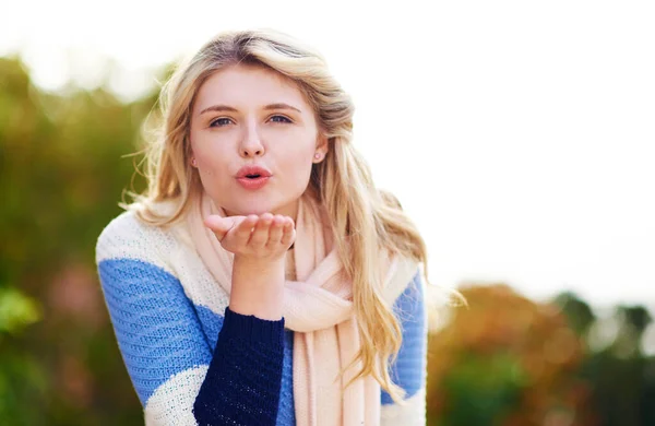 Ones Just You Cropped Portrait Young Woman Blowing Kiss Outdoors —  Fotos de Stock