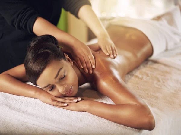 Healing Hands High Angle Shot Young Woman Getting Massage Spa — стоковое фото
