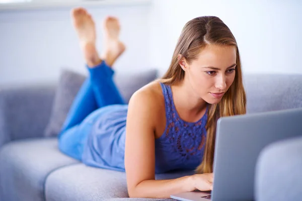 Replying Some Emails Young Woman Using Her Laptop Sofa Home — Foto Stock