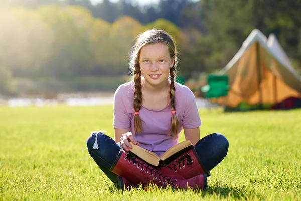 Books Better Anything Teenage Girl Relaxing Book Grass — Stockfoto