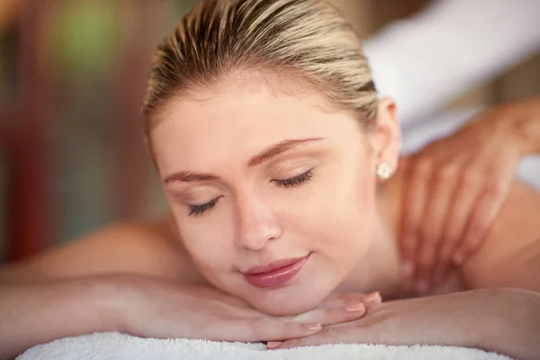 Massaging Tension Away Young Woman Enjoying Massage Spa — 图库照片