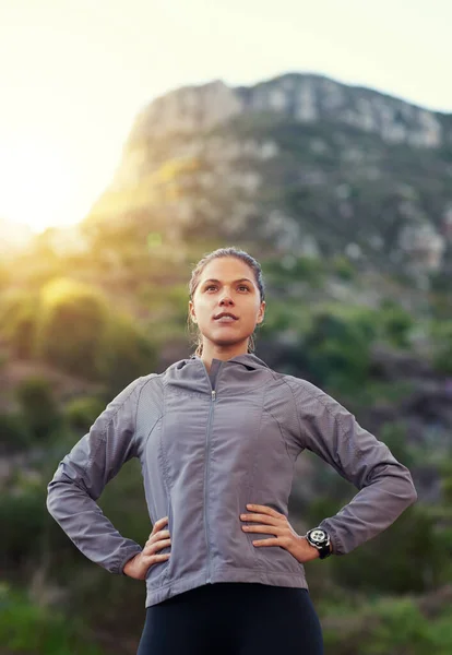 Theres Always One More Peak Young Woman Out Trail Run — Stockfoto