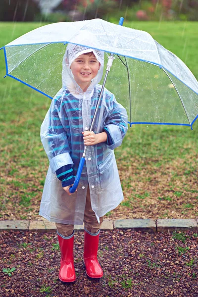 Just Boy Rain Full Length Portrait Young Boy Standing Rain — Fotografia de Stock