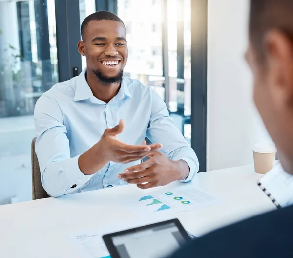 African man in business meeting with CEO planning corporate success strategy with graph and chart paperwork. Black businessman with idea presentation for boss or management leader at company office.