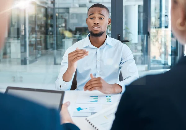 Black Man Interview Office Presentation Business Team Analysis Data Research — Stok fotoğraf