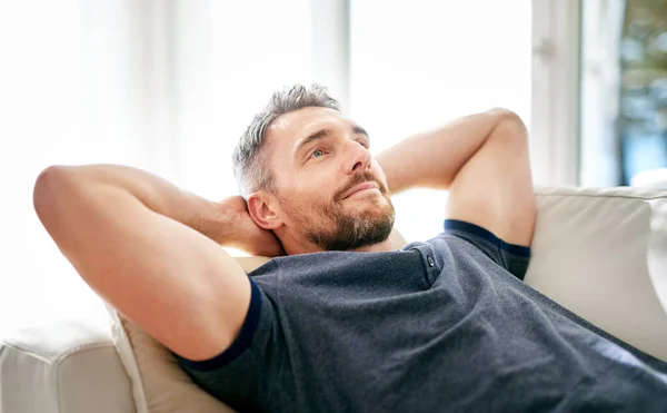 Enjoying His Day Handsome Mature Man Relaxing Sofa Home — Foto de Stock