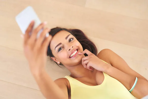 Now Cute One Young Woman Taking Selfie While Lying Wooden — Stockfoto