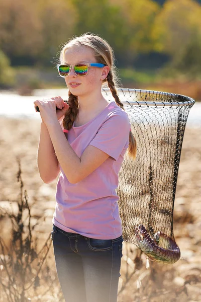 Good Day Fishing Young Girl Out Fishing Net — Stok fotoğraf