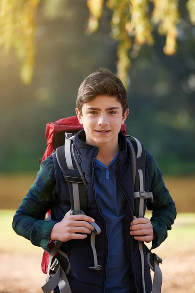 Hes Ready Adventure Portrait Young Boy Wearing Backpack Outdoors — Fotografia de Stock