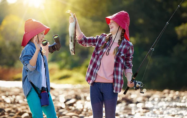 Keep Thing Away Two Young Girls Fishing River — Stok fotoğraf