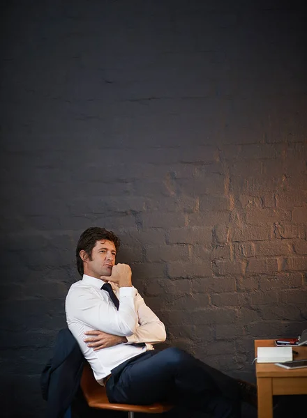 Thinking Business Businessman Looking Thoughtful While Sitting His Office Late — Foto de Stock