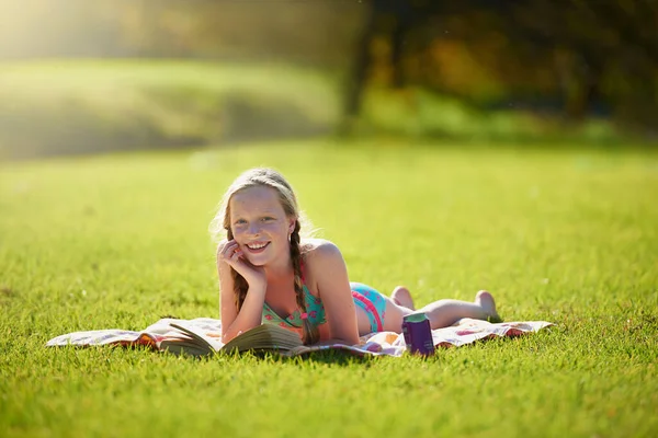 Story Summer Teenage Girl Relaxing Book Grass — Stok fotoğraf
