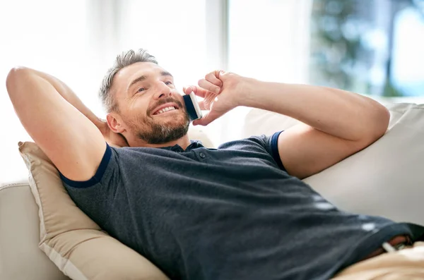 Enjoying His Day Handsome Mature Man Relaxing Sofa Home — Stock Photo, Image