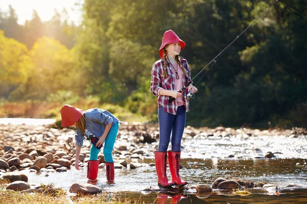 Theyre Hooked Fishing Two Young Girls Fishing River — Foto Stock