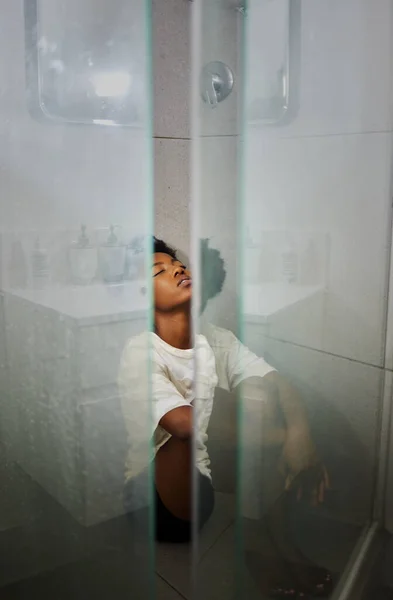 Mental Health Anxiety Depression Sad Woman Sitting Floor Shower Stress — Foto Stock