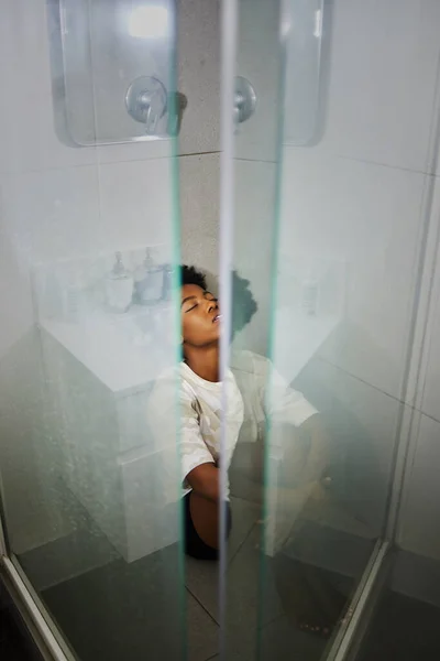 Depression Anxiety Stress Girl Thinking Shower Home Black Woman Suffering — Foto Stock