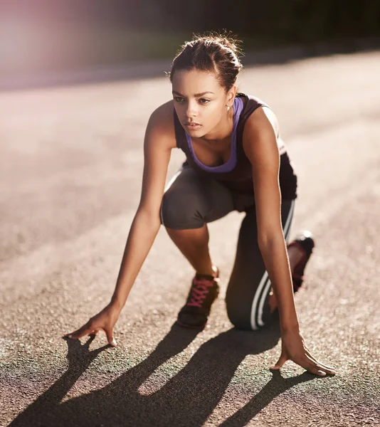 Fitness Lifestyle Finish Line Young Woman Starting Position Run — Φωτογραφία Αρχείου