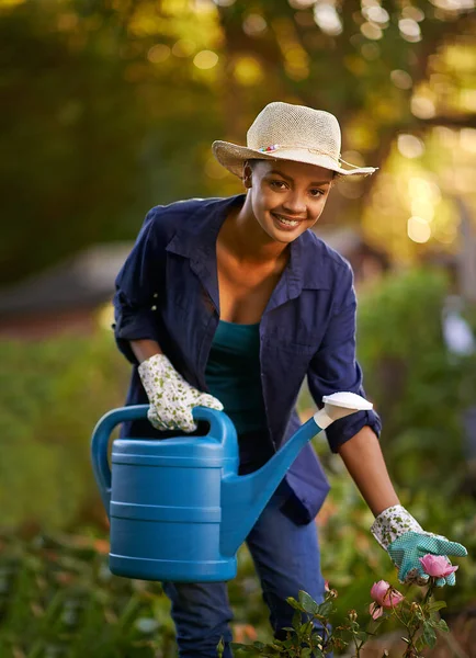 Keep Calm Garden Young Woman Watering Her Garden — Zdjęcie stockowe