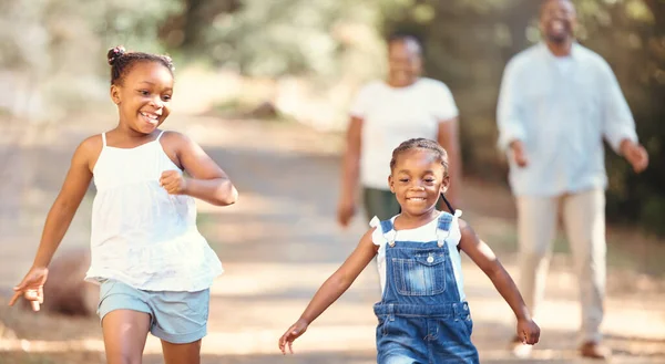 Black Family Love Fun Children Run Smile Play Outdoor Adventure — Fotografia de Stock