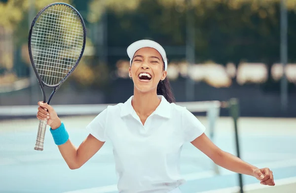 Victory Winner Tennis Player Woman Celebrating Racket Winning Competition Tournament — Stock Fotó