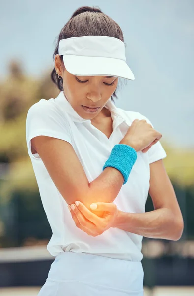 Tennis Woman Elbow Pain Abstract Injury Sports Court Wellness Exercise —  Fotos de Stock