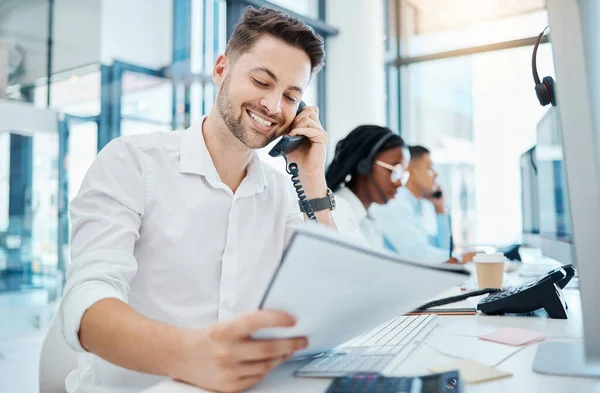 Telemarketing training and web help man on an office phone consultation with a work script. Happy internet call center and crm customer support consultant working on digital tech customer service.