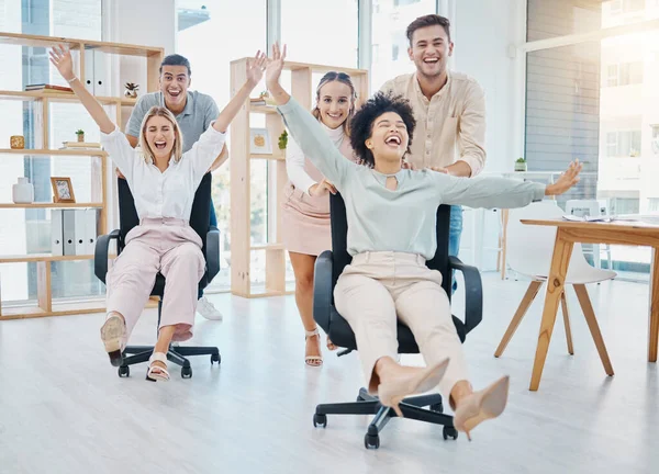 Happy Business People Doing Office Games Chair Work Celebration Success — Foto Stock