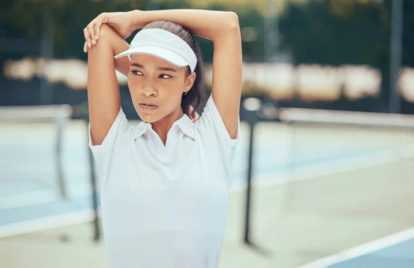 Tennis Player Athlete Serious Woman Doing Stretching Exercise Prepare Match — Stok fotoğraf