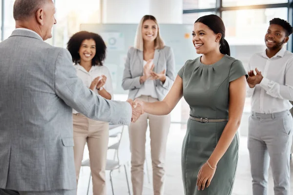 Happy Handshake Man Woman Office Promotion Business Team Gives Applause — Foto de Stock