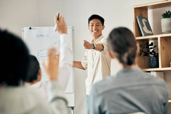 Businessman Doing Presentation Meeting His Team Asking Questions Conference Room — Stok fotoğraf