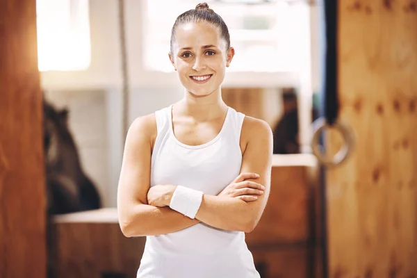 Portrait of happy athlete, gym woman and personal trainer coach with motivation for sports training, fitness and wellness exercise. Ready, smile and proud healthy workout, strong body and lifestyle.