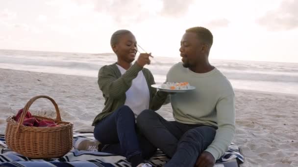 Sushi Strand Und Picknick Zweit Oder Auf Romantischen Flitterwochen Mit — Stockvideo
