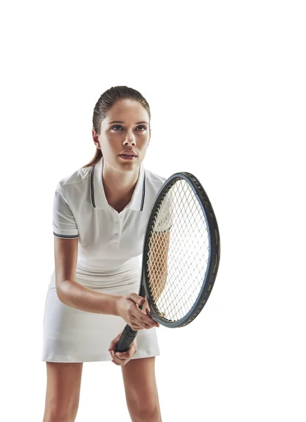 Lascero Parlare Racket Studio Shot Una Tennista Donna Che Tiene — Foto Stock