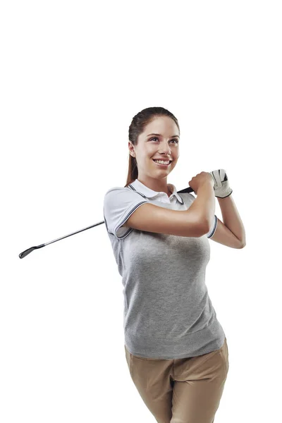 Her Golfing Career Full Swing Studio Shot Young Golfer Practicing — Stock Photo, Image
