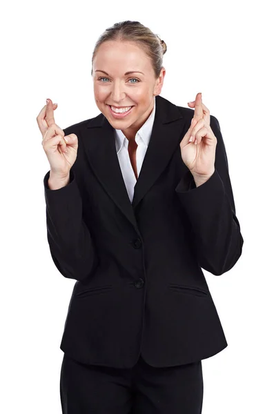 巨大なクライアントから聞くのを待っています 白い背景に指で交差するビジネス女性の作物の肖像画 — ストック写真
