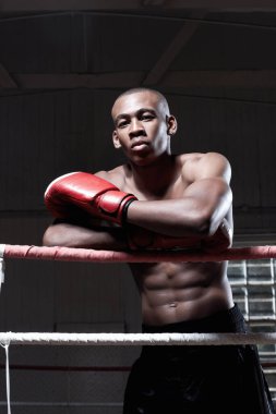 Kaslı savaşçı. Ringde duran Afrikalı Amerikalı erkek boksörün portresi