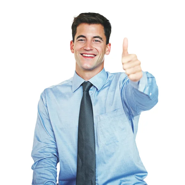 Positividade Grande Sinal Estúdio Retrato Jovem Empresário Mostrando Polegares Contra — Fotografia de Stock